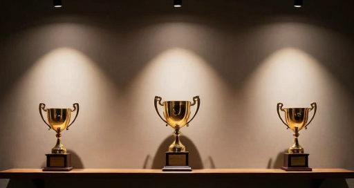 Three gold trophies on a lit shelf